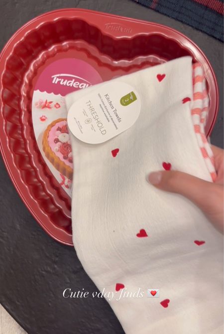 Valentine’s Day kitchen towels and heart cake pan from Target 