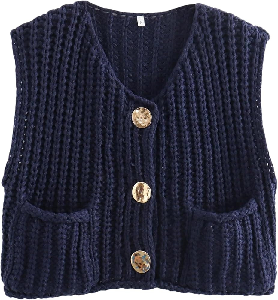Women's Chunky Knit Vest Button Down Casual Sleeveless Cropped Crochet Sweater Cardigan with Pock... | Amazon (US)