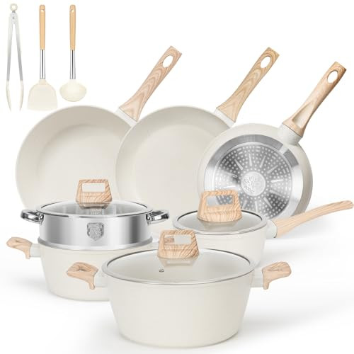 SODAY 13 Pcs Pots and Pans Set Non Stick Kitchen Cookware Sets Nonstick Induction Cookware Non-toxic White Granite Cooking Tools with Stay-Cool Handles, Silicone Tools (PFOS/PFOA Free) | Amazon (US)