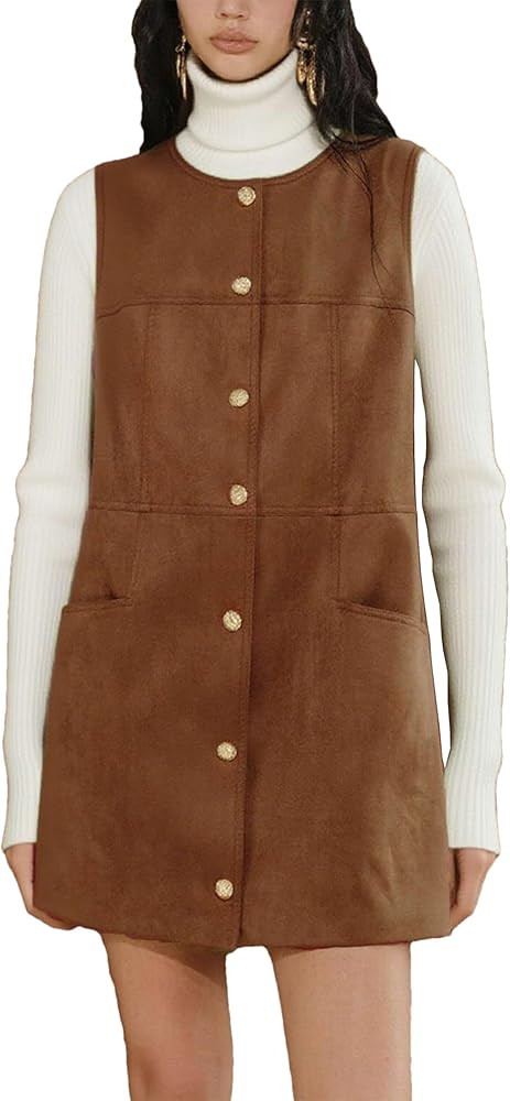 Bozanly Women's Vintage Suede Mini Pinafore Dress Crew Neck Button Down Fall Overall Dresses Tren... | Amazon (US)