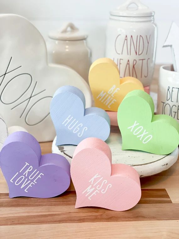 Conversation hearts, wooden heart, heart decor, Valentine’s decor, valentines tiered tray, wood... | Etsy (US)