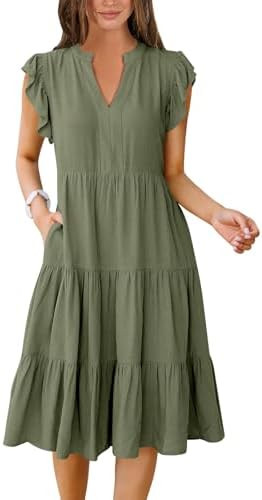ANRABESS Womens Summer Dress Ruffle Sleeve V Neck Midi Dresses Fashion Casual Fit Flowy Tiered Bo... | Amazon (US)