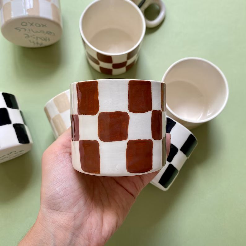 Handmade Ceramic Checkered Mug/ Brown - Etsy | Etsy (US)