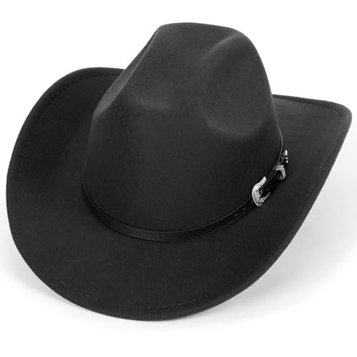 Black Cowboy Hat for Women Men, Classic Felt Fedora Western Hat with Gus Buckle Belt, Rolled Wide Brim Retro Rodeo Cowgirl Hat M | Amazon (US)
