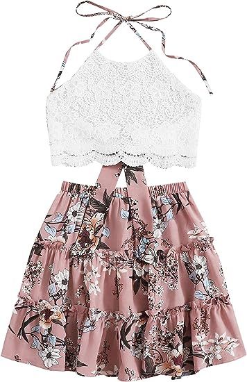 LYANER Women's 2 Piece Outfits Summer Lace Halter Cami Crop Top with Floral Mini Skirt Set | Amazon (US)