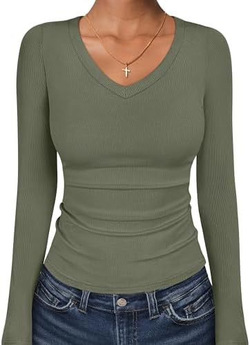 ANRABESS Long Sleeve V Neck Shirts for Women | Soft Comfy Ribbed Knit Fitted Tshirts, Casual Goin... | Amazon (US)