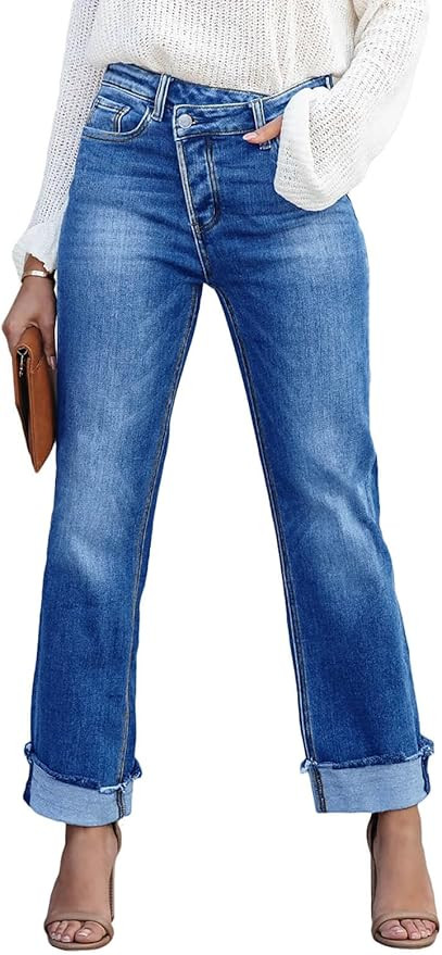 Cicy Bell Womens High Waisted Crossover Jeans 2024 Straight Leg Stretch Casual Cuffed Denim Pants | Amazon (US)