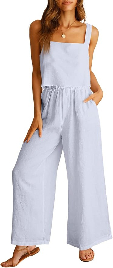ANRABESS Women's 2 Piece Outfits Linen Pants Jumpsuit Matching Lounge Set Casual Summer Beach Vac... | Amazon (US)