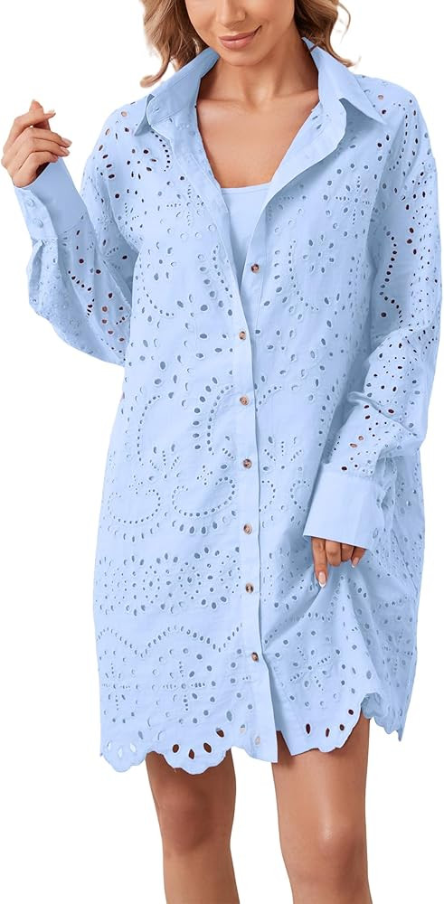 Women Hollow Out Eyelet Button Down Lapel V Neck Long Sleeve Ruffle Flowy Solid Oversized Loose M... | Amazon (US)