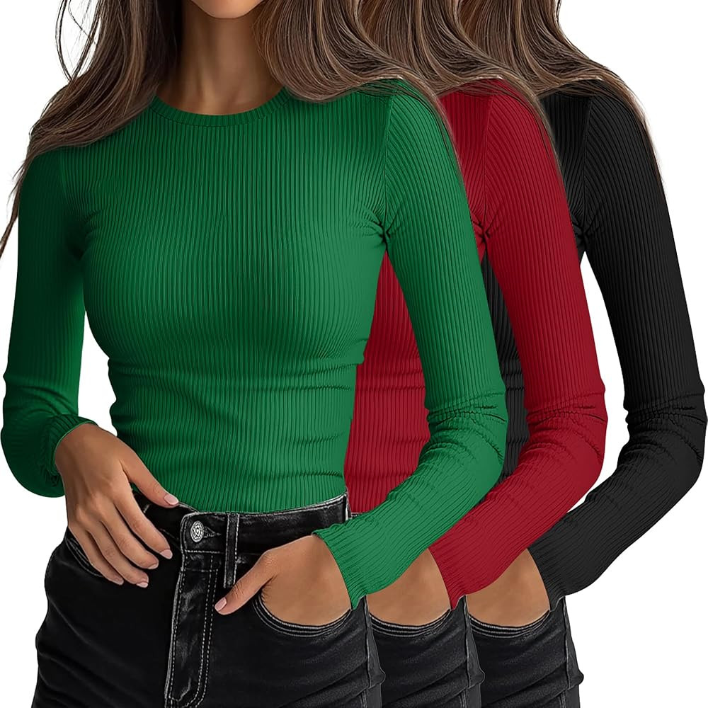 Ficerd 3 Pack Women's Ribbed Long Sleeve Tops, Crew Neck Slim Fit Undershirts Knit Basic Casual S... | Amazon (US)