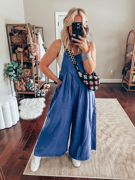 Free People overalls! 🔆🦋
Overalls size m
Tank size m 
Shoes sized down 
Crochet Bag I cannot link here but it’s @oikoshandmade save with code MM10  

#LTKVideo #LTKstyletip #LTKover40