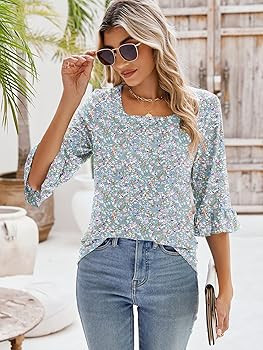 Poetsky Womens Casual 3/4 Sleeve Tops Summer Square Neck T Shirts Ruffle Loose Fit Tunic Blouses ... | Amazon (US)