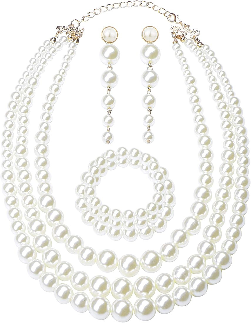 FINREZIO Women's Faux Three Multi-Strand Pearl Necklace Long Pearl Dangle Earrings and Bracelet J... | Amazon (CA)