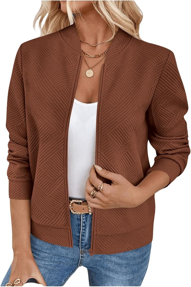 Verdusa Women's Zip Up Bomber Jacket Casual Long Sleeve Textured Lightweight Coat Business Casual... | Amazon (US)