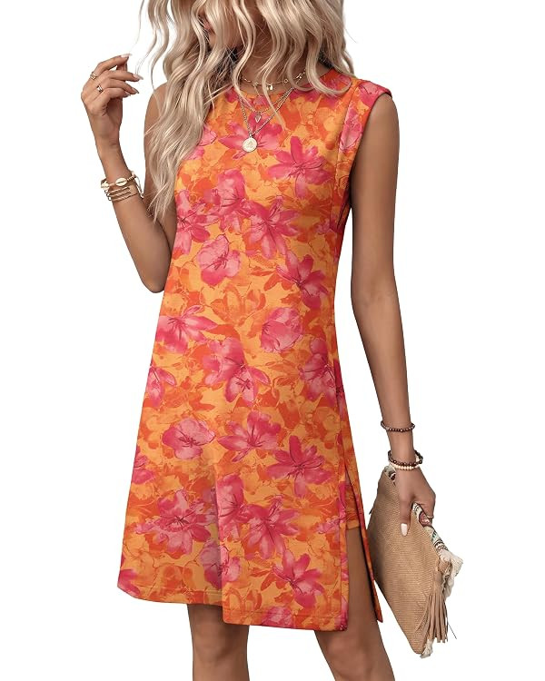 2026 Women's Summer Casual Cap Sleeves Round Neck Loose Fit Side Slit Soft Midi Dress with Pocket... | Amazon (US)