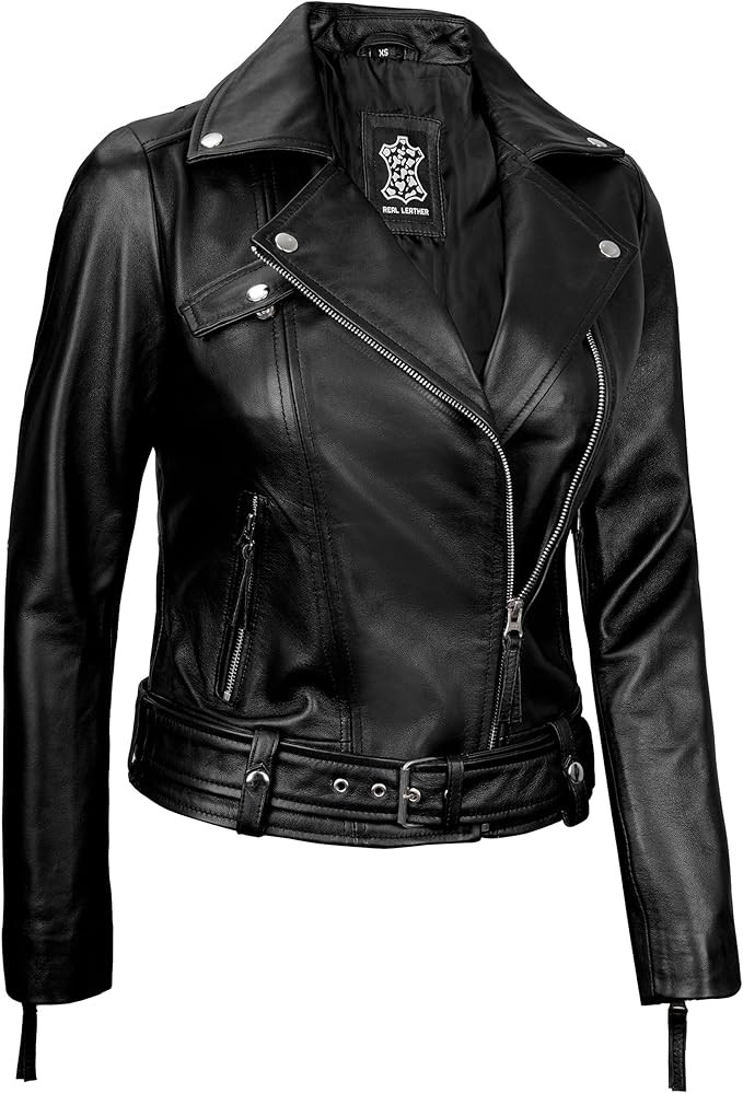 Decrum Real Leather Jacket Women – Motorcycle Style Assymetrical Leather Jacket Womens | Amazon (US)