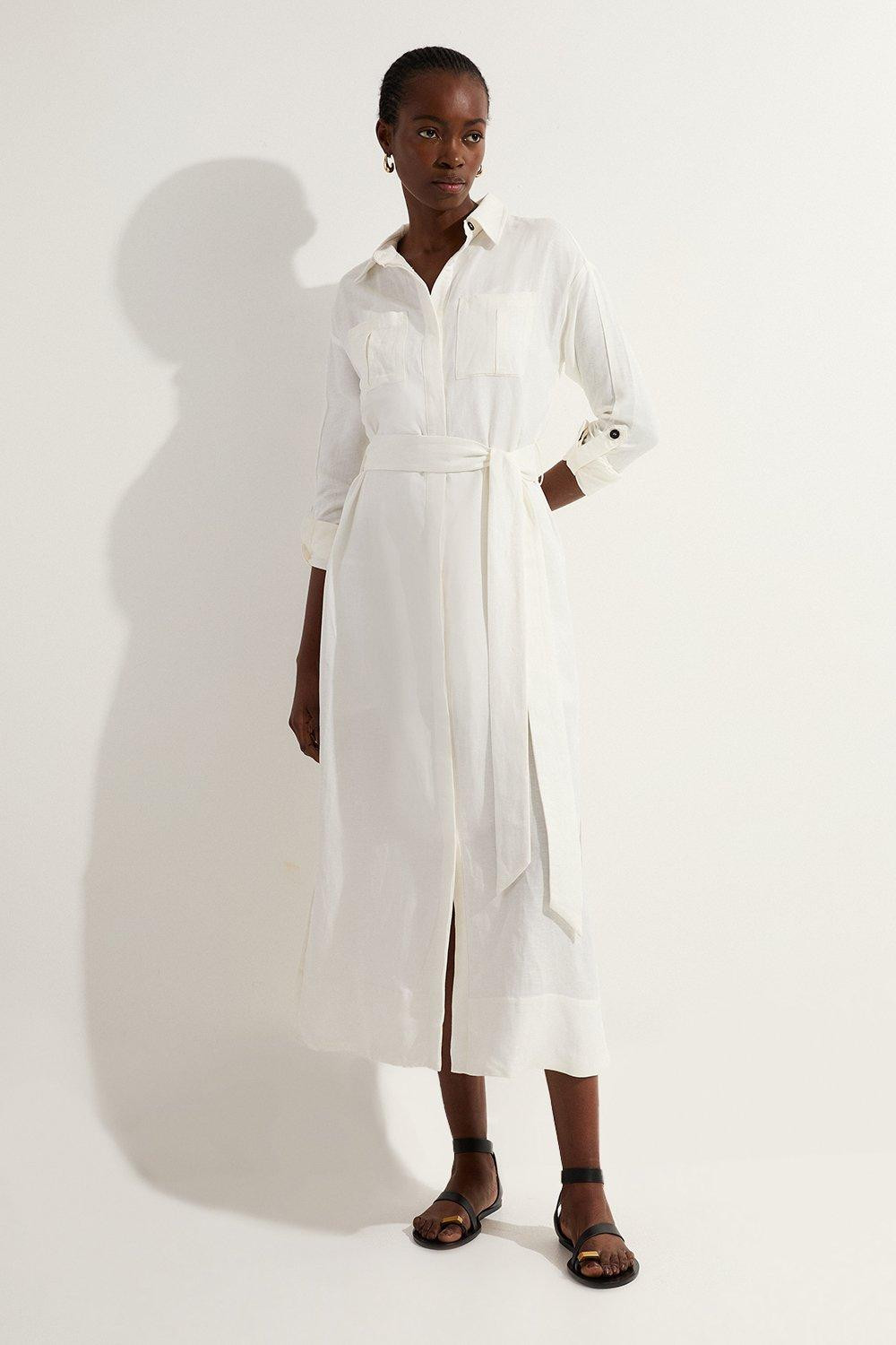 Viscose Linen Woven Belted Shirt Midi Dress | Karen Millen US
