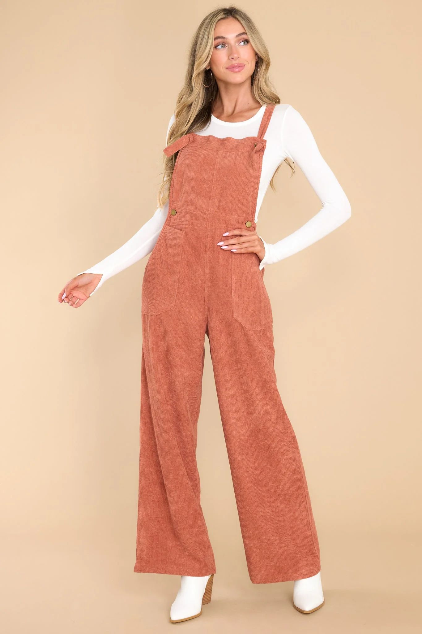 Stay Kind Terracotta Corduroy Overalls | Red Dress 