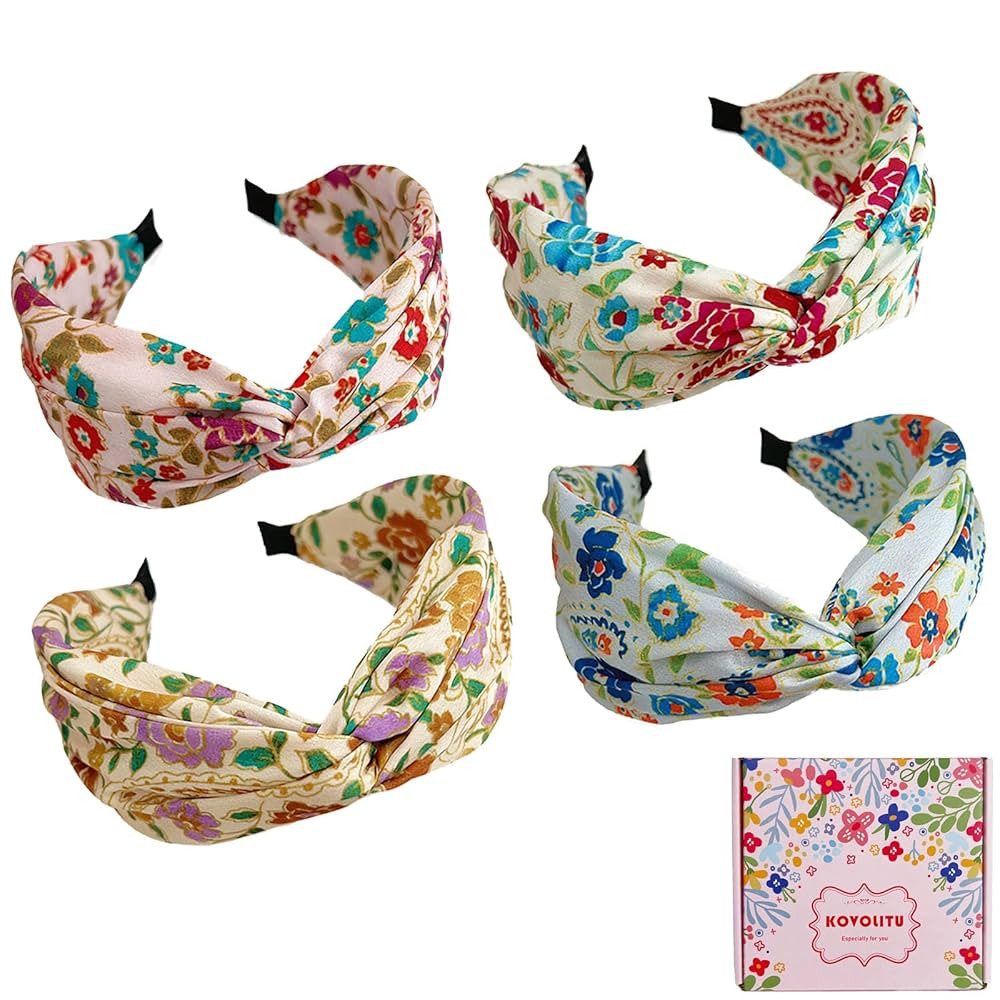 4 Pack Elegant Knotted Headbands for Women Floral Printed Cross Knot Headbands Fashion Hair Bands | Amazon (US)