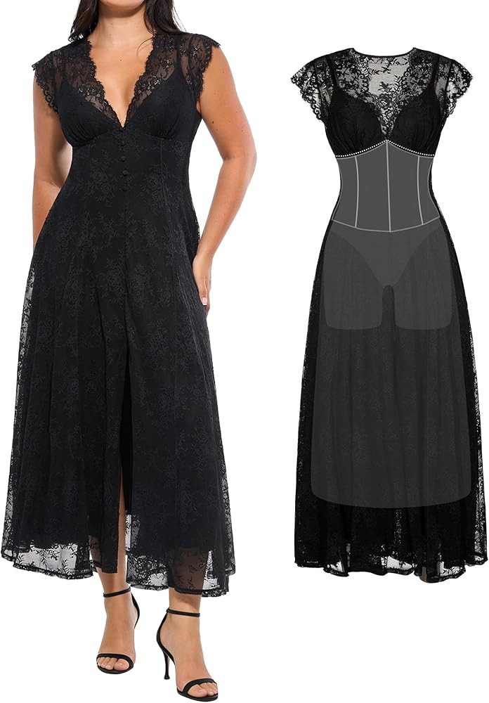 Popilush Women's Formal Wedding Guest Lace Sleeveless V Neck Maxi Shapewear Dress Evening Mother ... | Amazon (US)