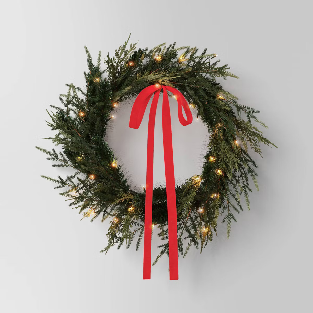 28" Christmas Led Mixed Norfolk and Cedar Wreath with Red Velvet Bow - Wondershop™ | Target