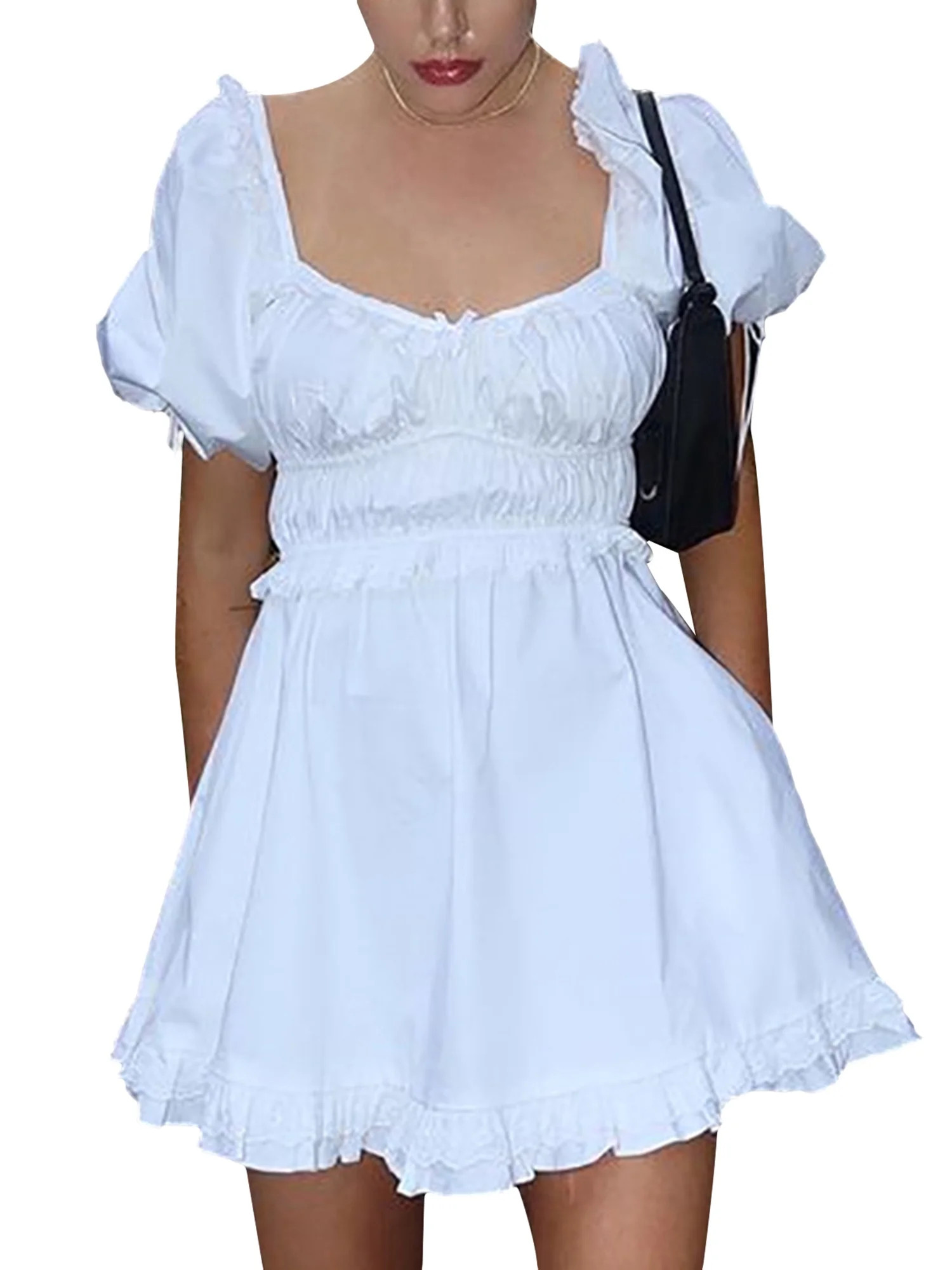 AMILIEe Women 's Casual Puff Short Lace-Up Sleeves Dresses Ruffle Hem Mini Dress White Dress - Wa... | Walmart (US)