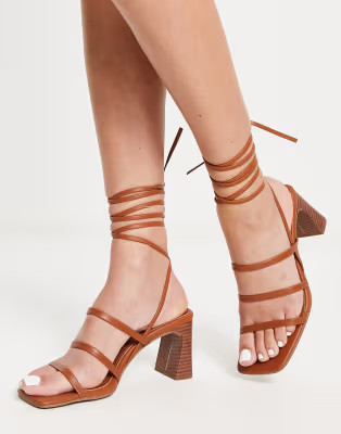 ASOS DESIGN Hidden strappy tie leg mid heeled sandals in tan | ASOS (Global)