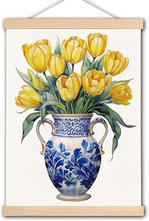 Floral Wall Decor, Blue and White Porcelain Chinoiserie Yellow Tulip Wall Art With Wooden Poster ... | Amazon (US)