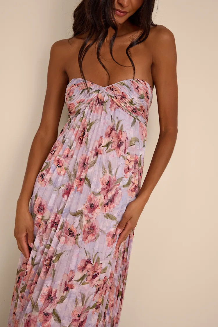 Nola Lavender Floral Pleated Strapless Maxi Dress | Lulus