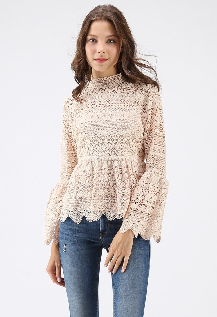 Madly in Love Full Crochet Peplum Top in Cream | Chicwish