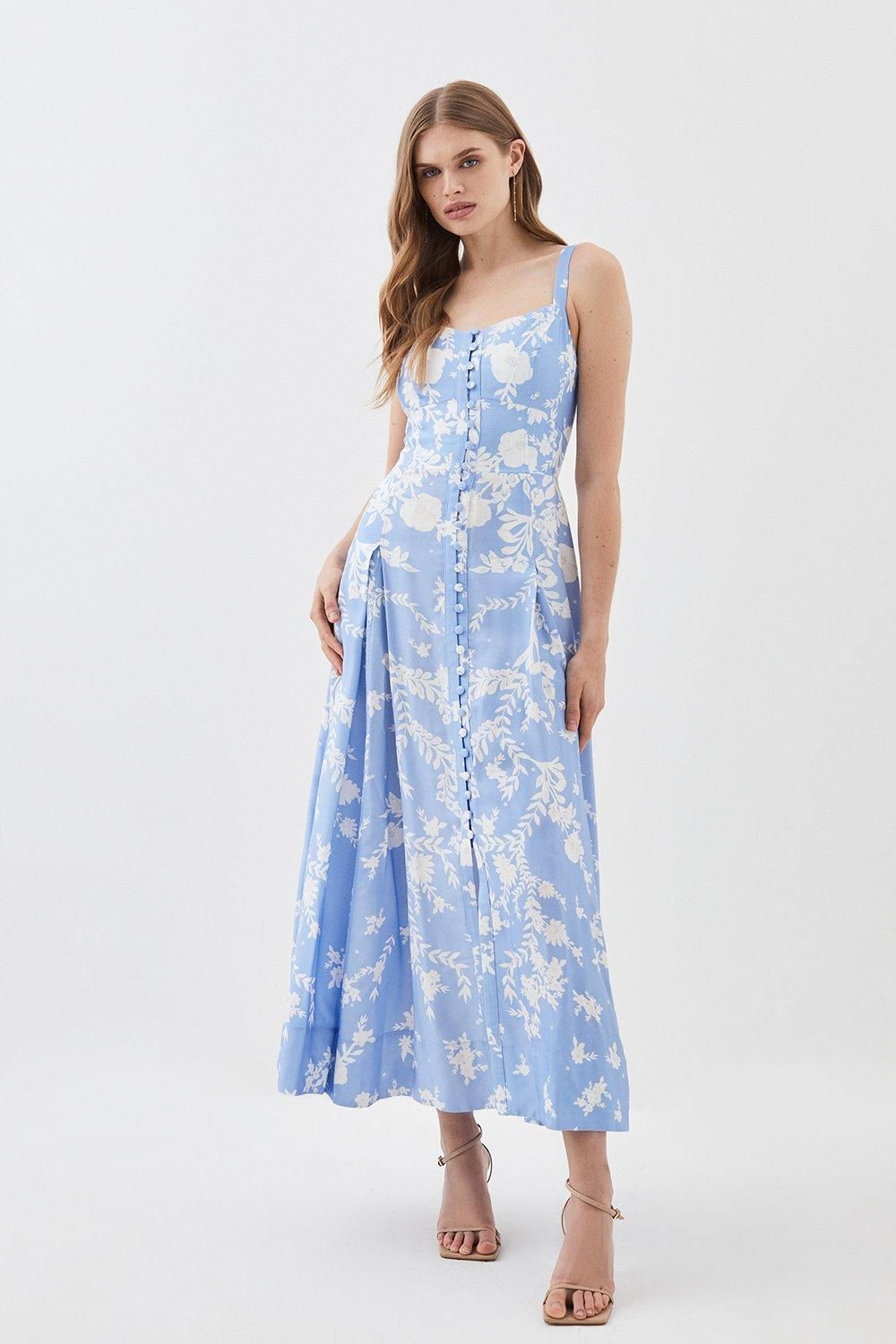 Lydia Millen Linen Placement Floral Woven Midi Dress | Karen Millen US