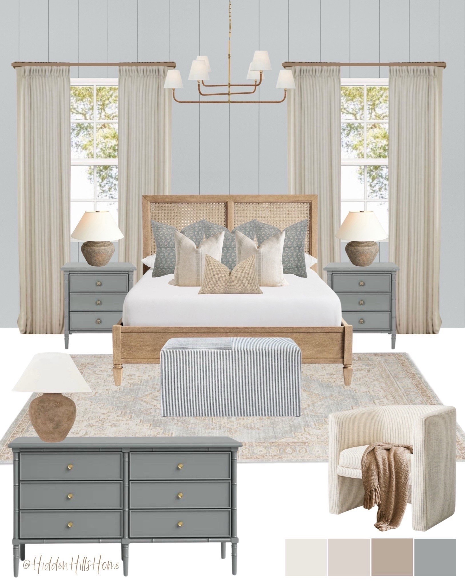 Bedroom decor mood board, nightstands, bedroom rug, bedding, primary bedroom design, home decor, coastal bedroom inspiration, lake house bedroom, beach house bedroom decor ideas #bedroom 

Wall color is SW Misty



#LTKSeasonal #LTKSaleAlert #LTKHome