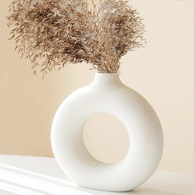 White Ceramic Vase for Home Decor,Donut Vase,Boho Vase,Pampas Grass Vase,Ceramic Vase,Flower Vase... | Amazon (US)