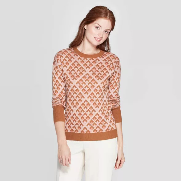 Women's Geometric Patterned Long Sleeve Ribbed Cuff Crewneck Pullover Sweater - A New Day™ Oran... | Target