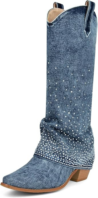 Seborluys Rhinestone Denim Fold Over Knee High Boots for Women Blue Chunky Heel Sparkly Cowgirl J... | Amazon (US)