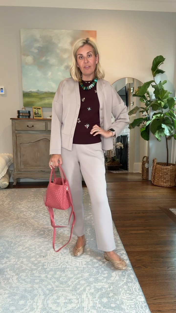 Mix and match is what we do! Spanx Air Essentials Slim Straight Pants & Cardigan for the win! 

Pants - small petite 
Top & Cardigan - xs
Flats - 7.5 (1/2 size down) 

CODES- 
*Spanx - LTK20 for 20% off full priced Spanx in the LTK app
*Allie + Bess - Catherine20