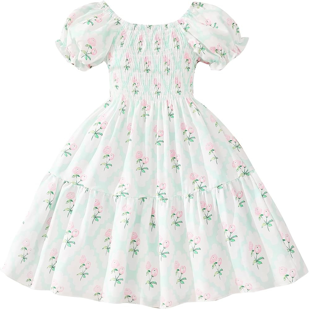 Toddler Baby Girls Summer Floral Dress Kids Puff Sleeve Square Neck Smocked Flowy Sun Dresses 2-8... | Amazon (US)