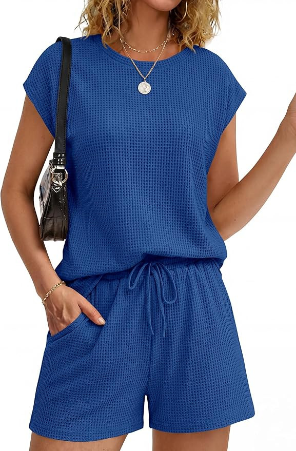 KIRUNDO Waffle Knit Two Piece Sets For Women 2026 Summer Cap Sleeve Lounge Short Set Drawstring T... | Amazon (US)