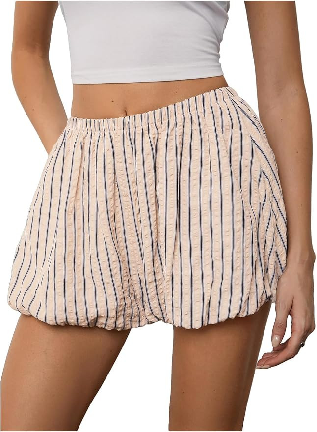 SOLY HUX Women's Y2k Striped Bubble Puffy Balloon Summer Mini Shorts | Elastic Low Rise, Wide Leg... | Amazon (US)