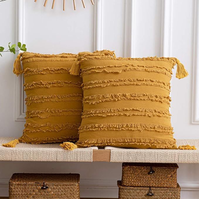 DEZENE Yellow Decorative Pillow Cases: 2 Pack 20x20 Inch Boho Striped Cotton Linen Square Throw P... | Amazon (US)