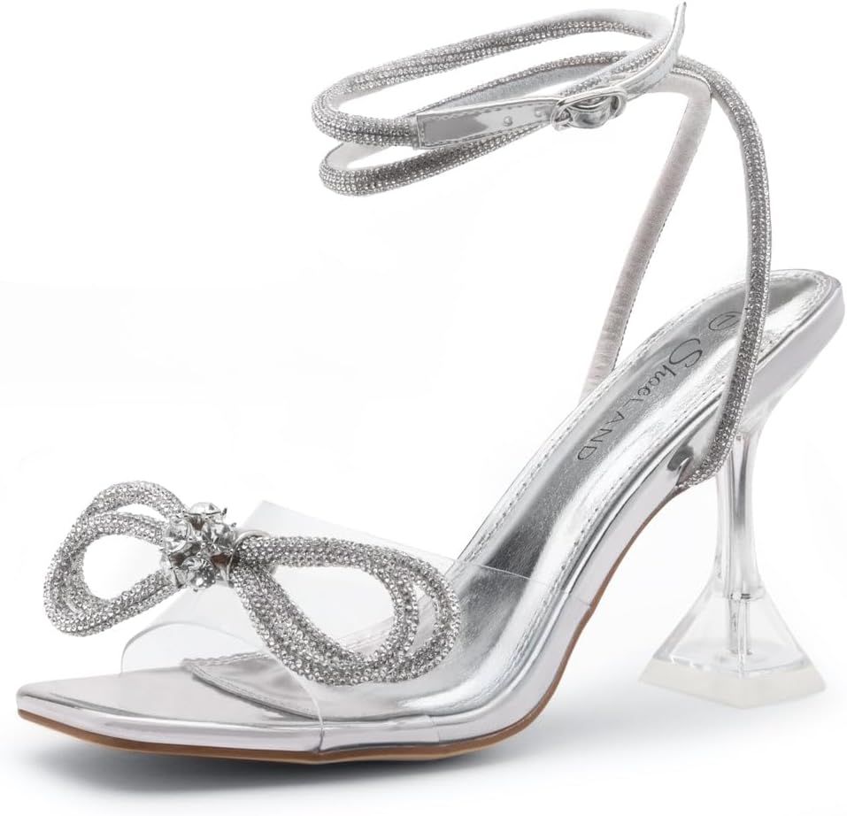 Shoe Land Womens SL-NAOMI Clear Heels Double Bowknots Crystal Sandals Square Open Toe Heeled Sand... | Amazon (US)