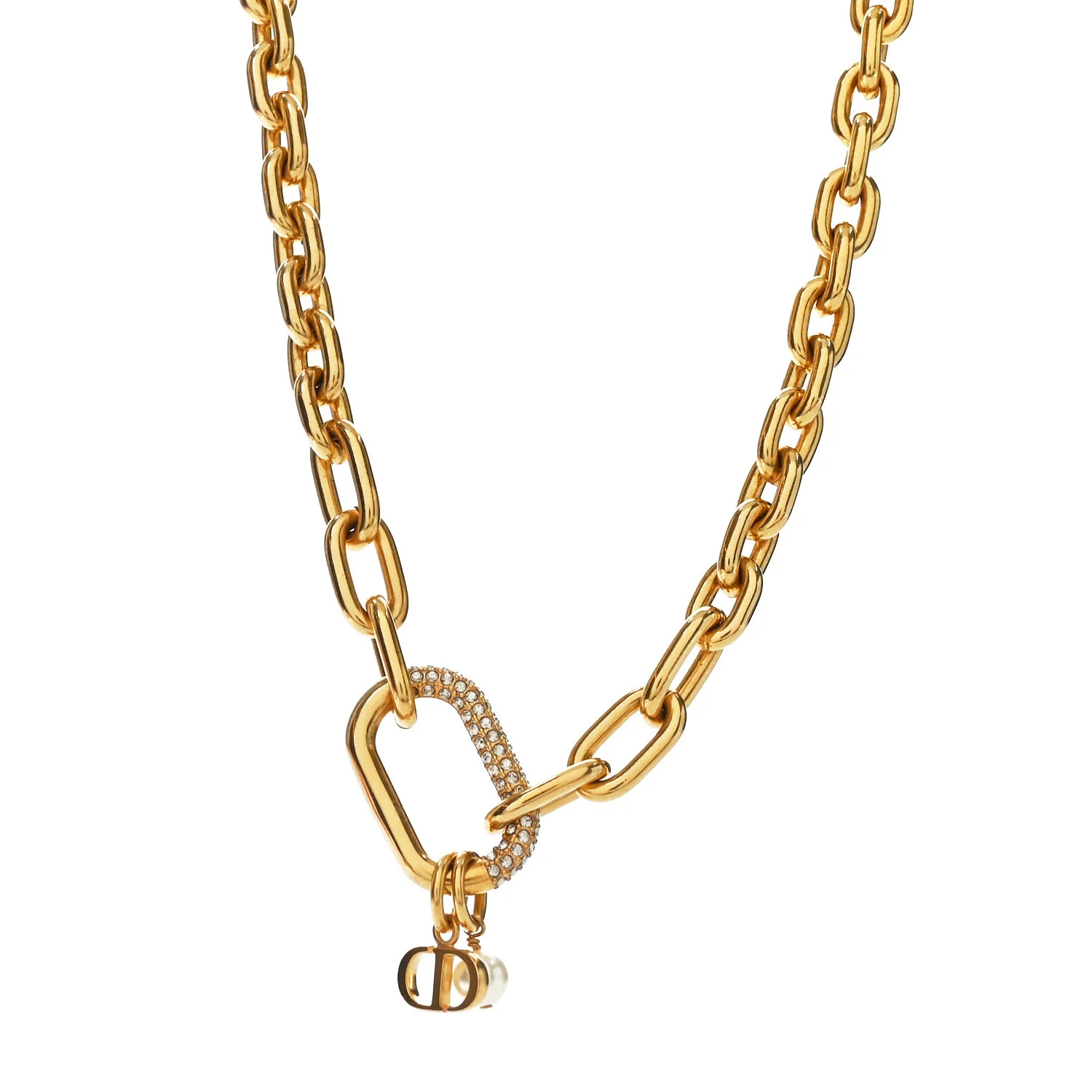 Crystal Pearl CD Chain Necklace Gold | FASHIONPHILE (US)