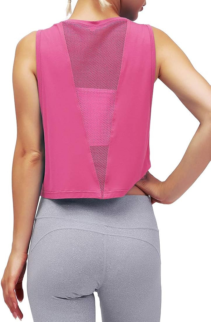 Mippo Womens Mesh Back Workout Crop Tops Loose Fit Gym Running Tank Tops | Amazon (US)