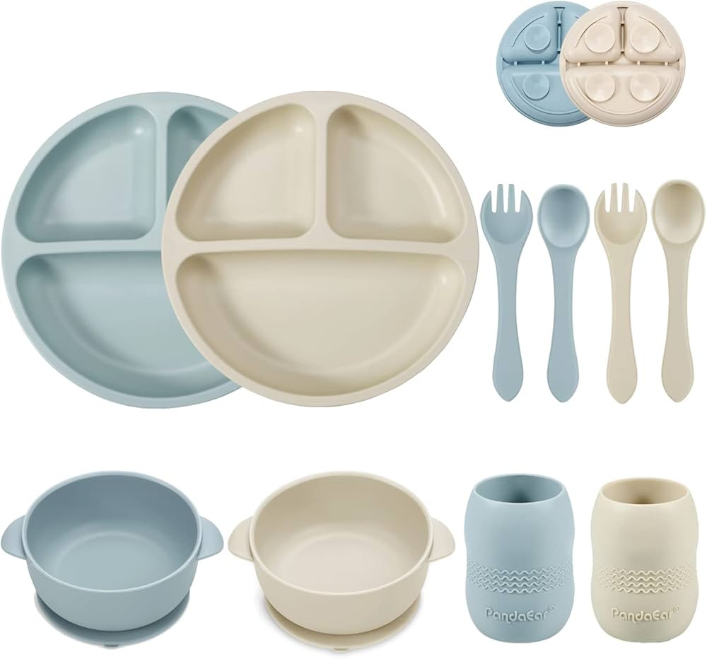 PandaEar Silicone Baby Feeding Set| 2 Divided Suction Plate + 2 Suction Bowl + 2 Tiny Cup with 2 ... | Amazon (US)