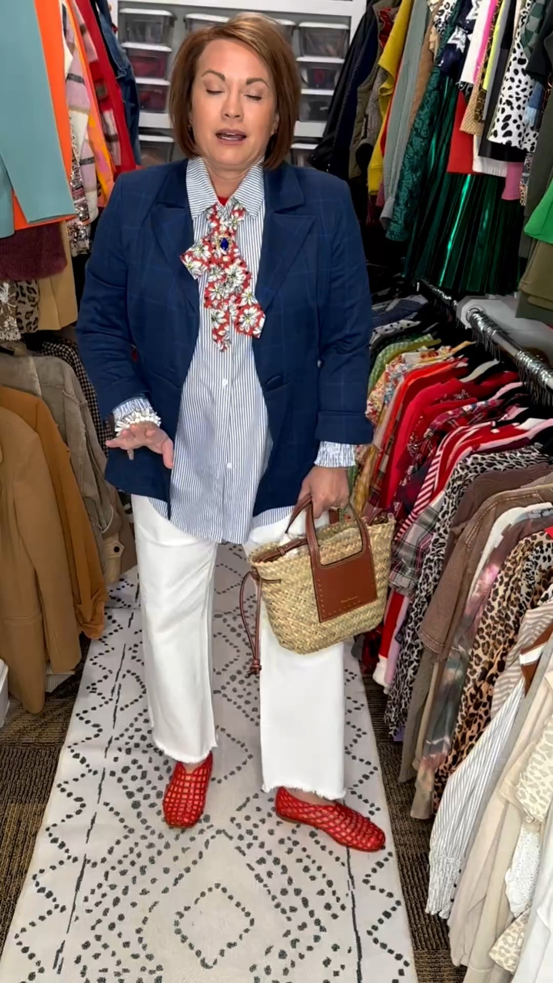 Classic pieces, styled with personality 🤍 I’m loving how these white pants became the perfect base for a fun pattern mix moment! Paired with a structured blue blazer, a striped button-down, and finished with a styled men’s tie for a unique twist. Adding bold red accessories and a woven handbag pulls everything together for a polished but playful look that works for workwear, brunch, or everyday chic style.

white pants outfit, white denim outfit, white trousers women, spring outfit ideas, summer outfit ideas, wear it wednesday outfit, pattern mixing outfit, how to mix patterns, blazer outfit women, blue blazer outfit, striped button down outfit, women’s button down shirt, menswear inspired fashion, women wearing tie outfit, how to style a tie women, preppy chic outfit, classic style outfit, elevated casual outfit, polished everyday style, business casual outfit women, teacher outfit ideas, workwear outfit inspiration, casual chic outfit, over 40 fashion, over 50 style, chic mom style, effortless style outfit, red accessories outfit, statement accessories outfit, woven handbag outfit, straw bag outfit, spring fashion trends, timeless style outfit, closet staples outfit, how to style white pants

#LTKgrwm #LTKmorningroutine #LTKootd