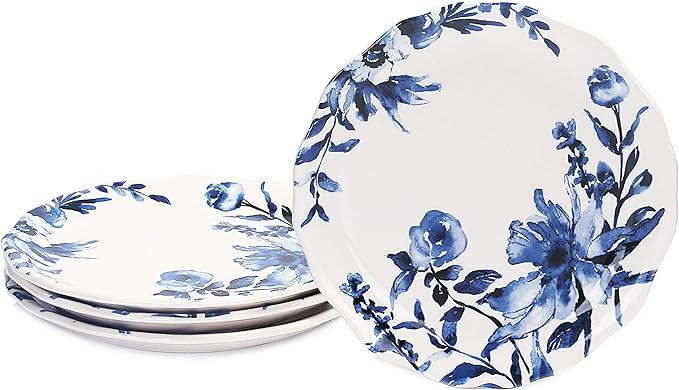 Bico Watercolor Blue Flower Ceramic 8.75 inch Scalloped Salad Plates, Set of 4, for Salad, Appeti... | Amazon (US)