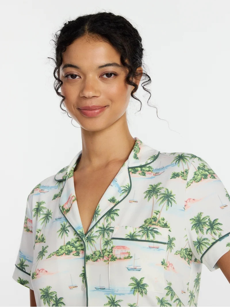 Joyspun Women's Dreamy Soft Collection Notch Collar Top and Shorts Pajama Set, 2-Piece, Sizes XS-... | Walmart (US)