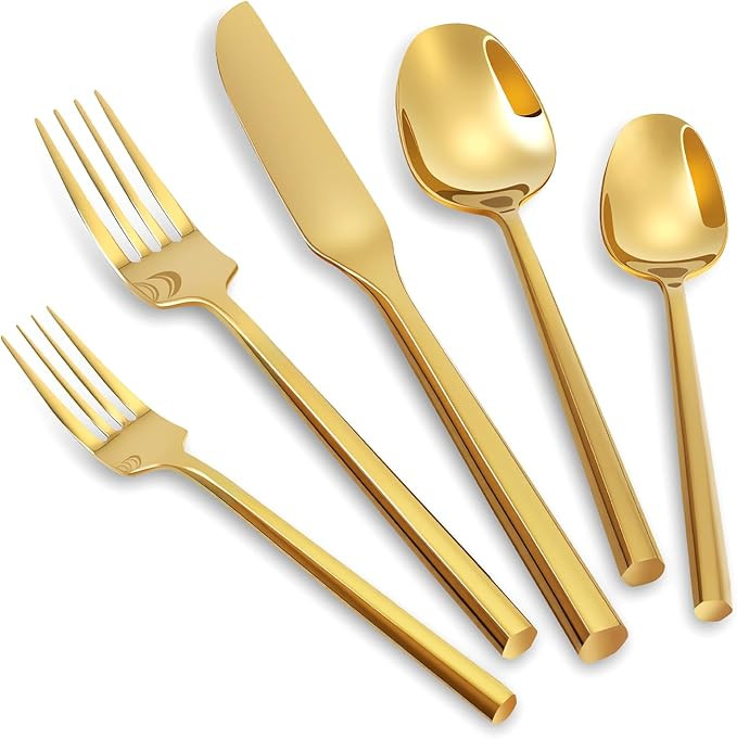 Gold Silverware Set Flatware Set Stainless Steel Cutlery Set 60 Pieces Thick Heavy Hexagon Handle... | Amazon (US)