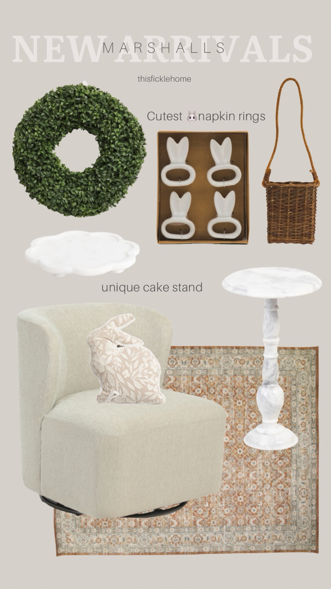 Spring home finds at Marshall’s!

Affordable home finds from Marshall’s. Bunny pillow. Bunny ear napkin rings. Scalloped cake stand. Neutral area rug. Upholstered swivel chair. Boxwood wreath.

#LTKHome #LTKSeasonal #LTKSaleAlert