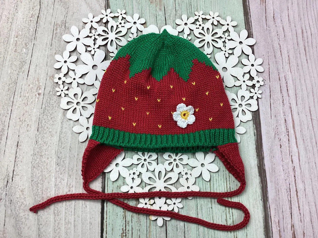 Strawberry Hat, Hat, Baby Hat, Knitted Hat, Ear Flaps, Strawberry, Strawberry Blossom, Various Si... | Etsy (US)